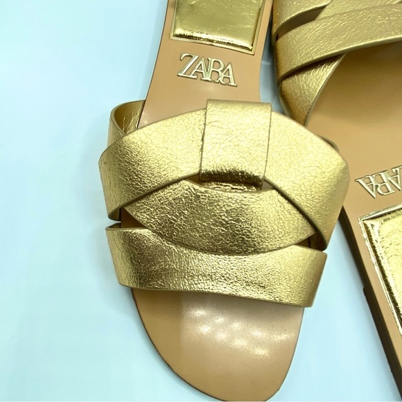 Zara Metallic Gold Cross Strap Women's Sandals Size EU 39 US8 - Picture 2 of 13